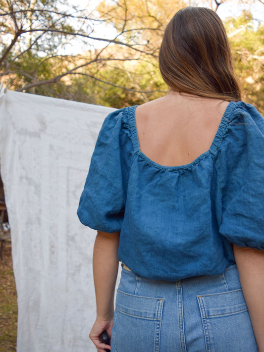 Indigo Linen Puff Sleeve Blouse