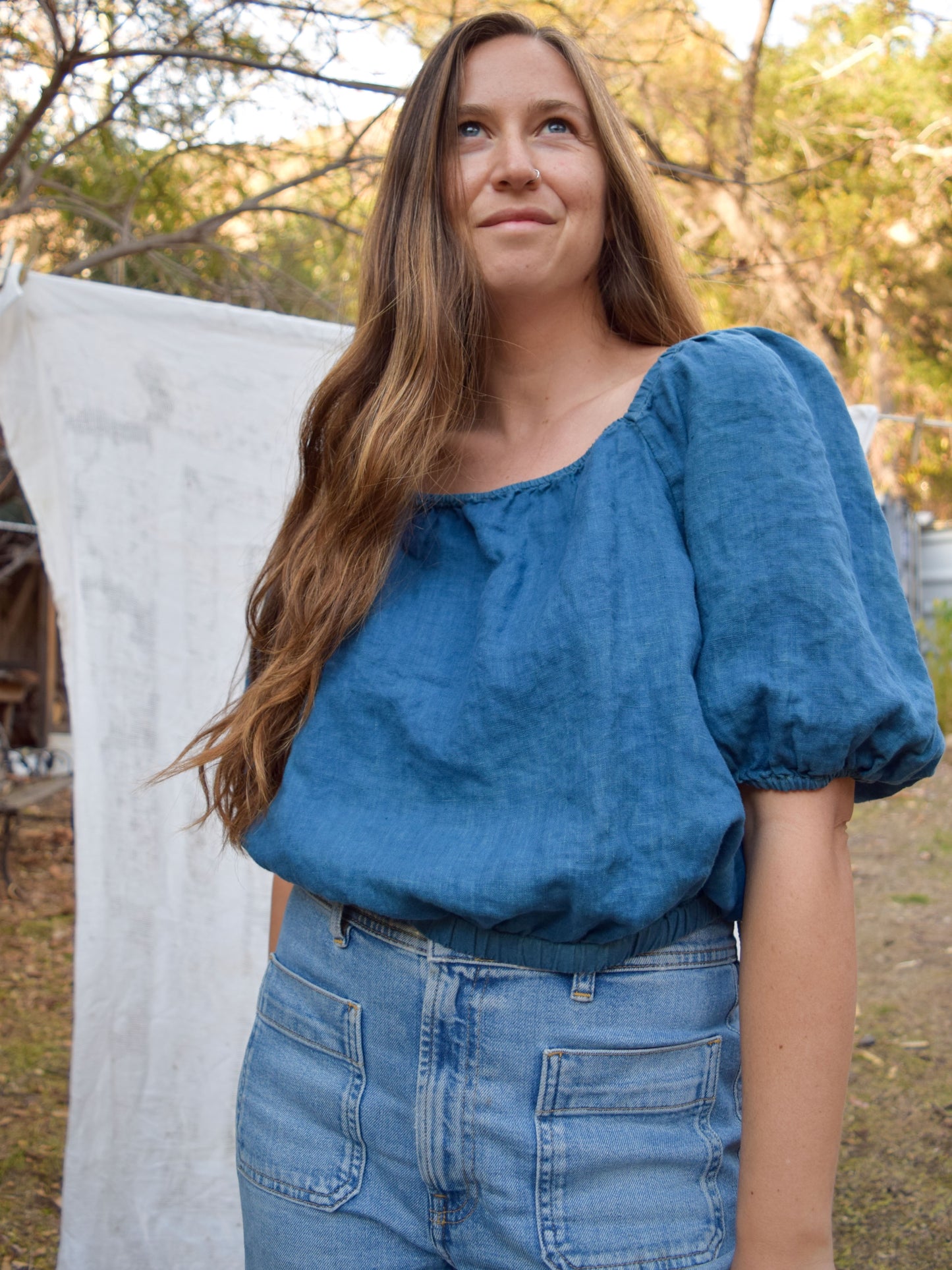 Indigo Linen Puff Sleeve Blouse