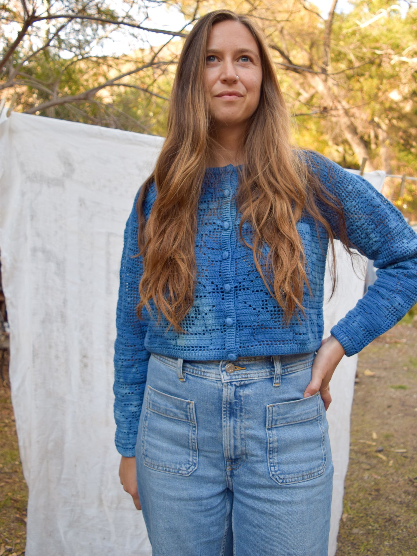 Indigo Crochet Long Sleeve Sweater