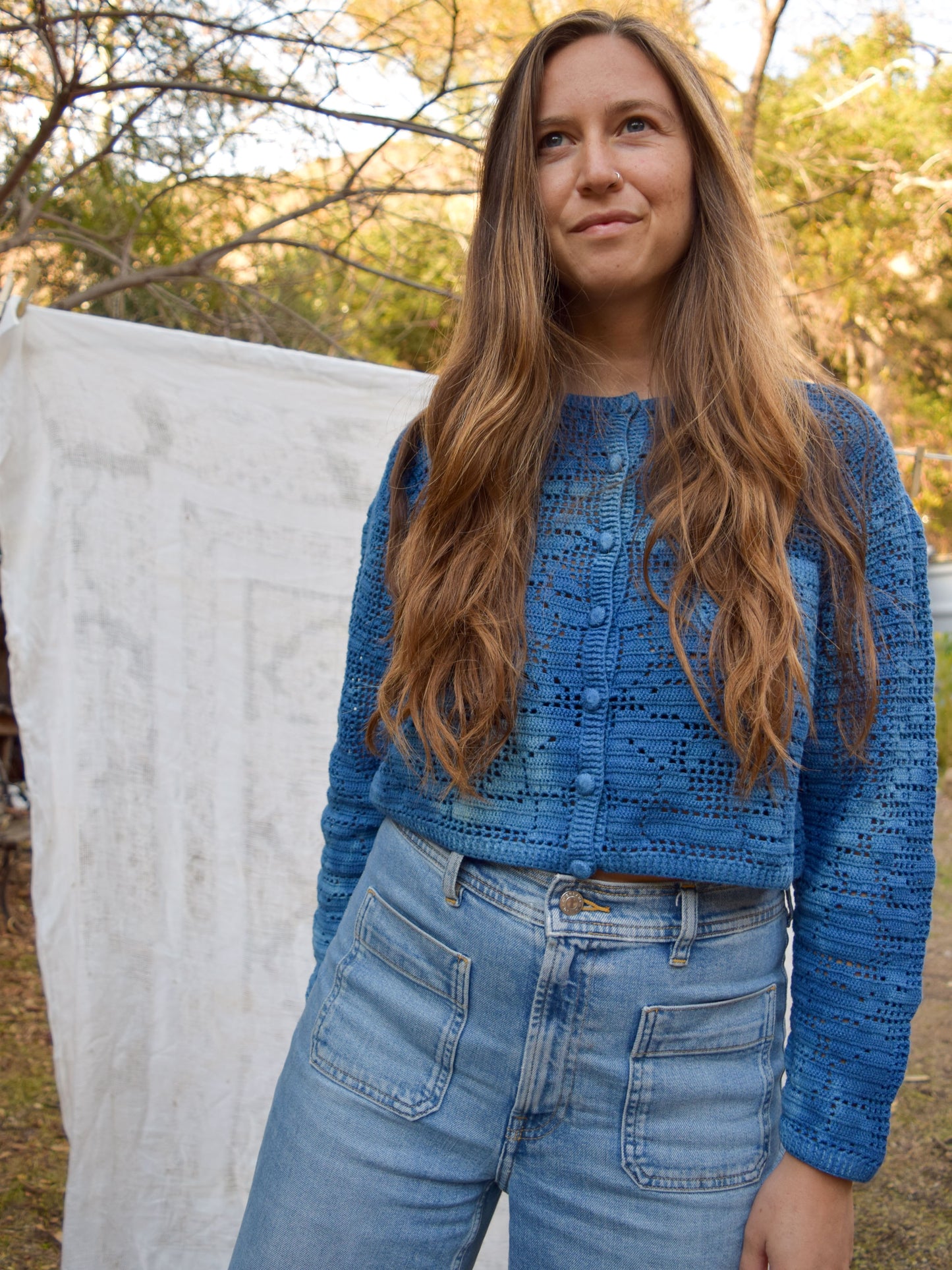 Indigo Crochet Long Sleeve Sweater