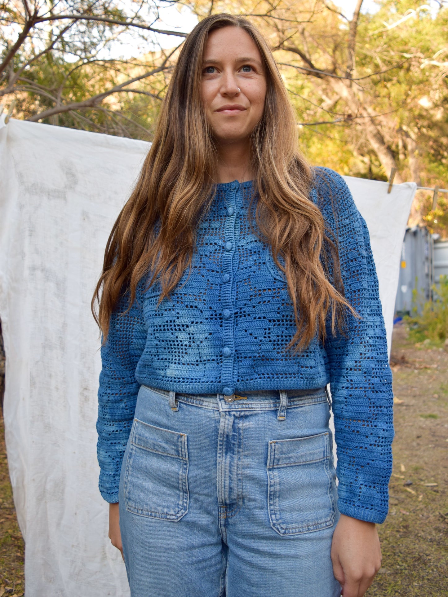 Indigo Crochet Long Sleeve Sweater