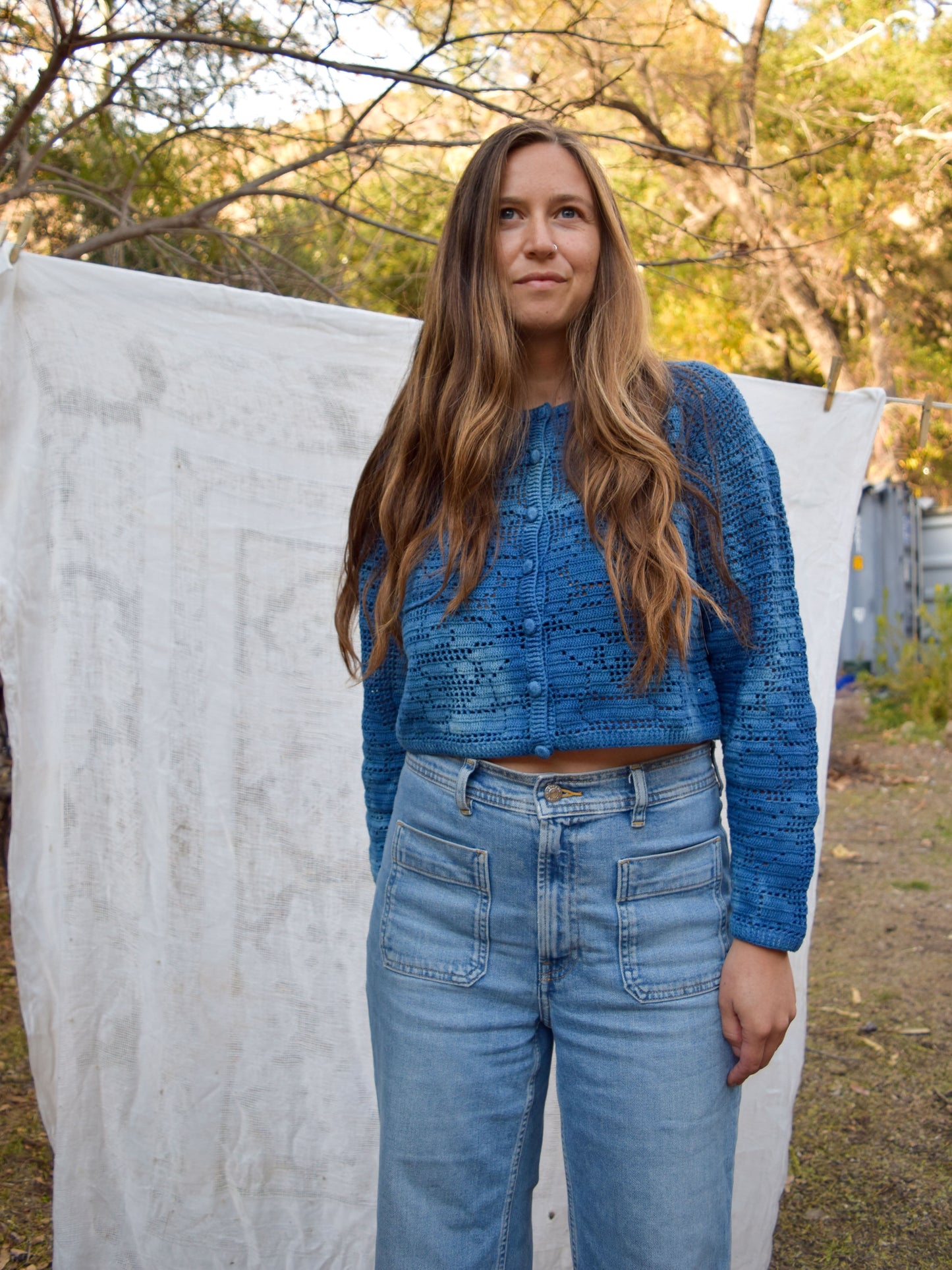 Indigo Crochet Long Sleeve Sweater