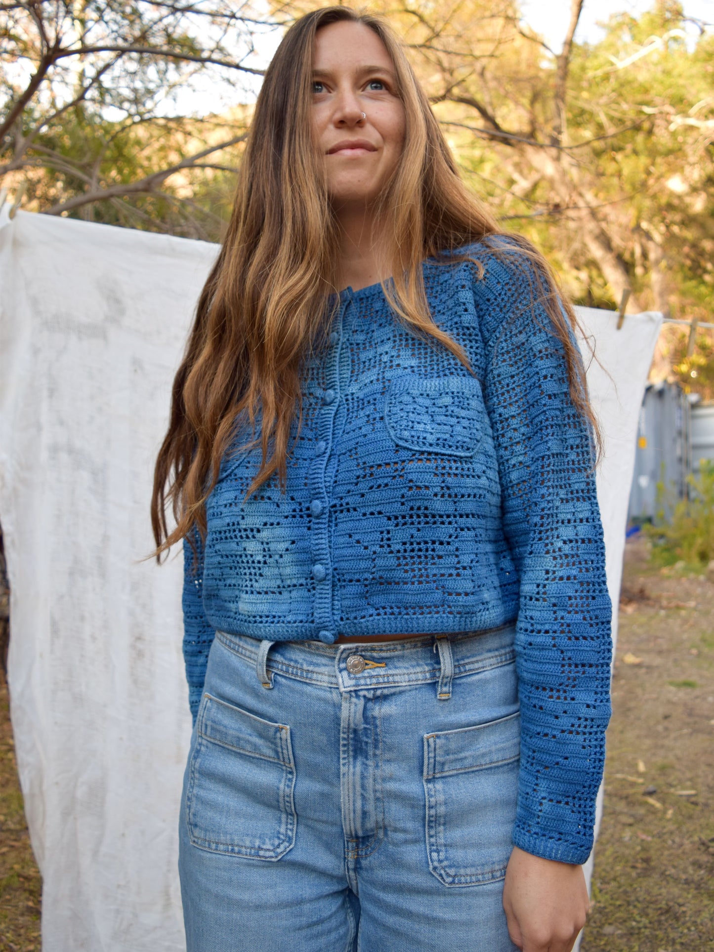 Indigo Crochet Long Sleeve Sweater