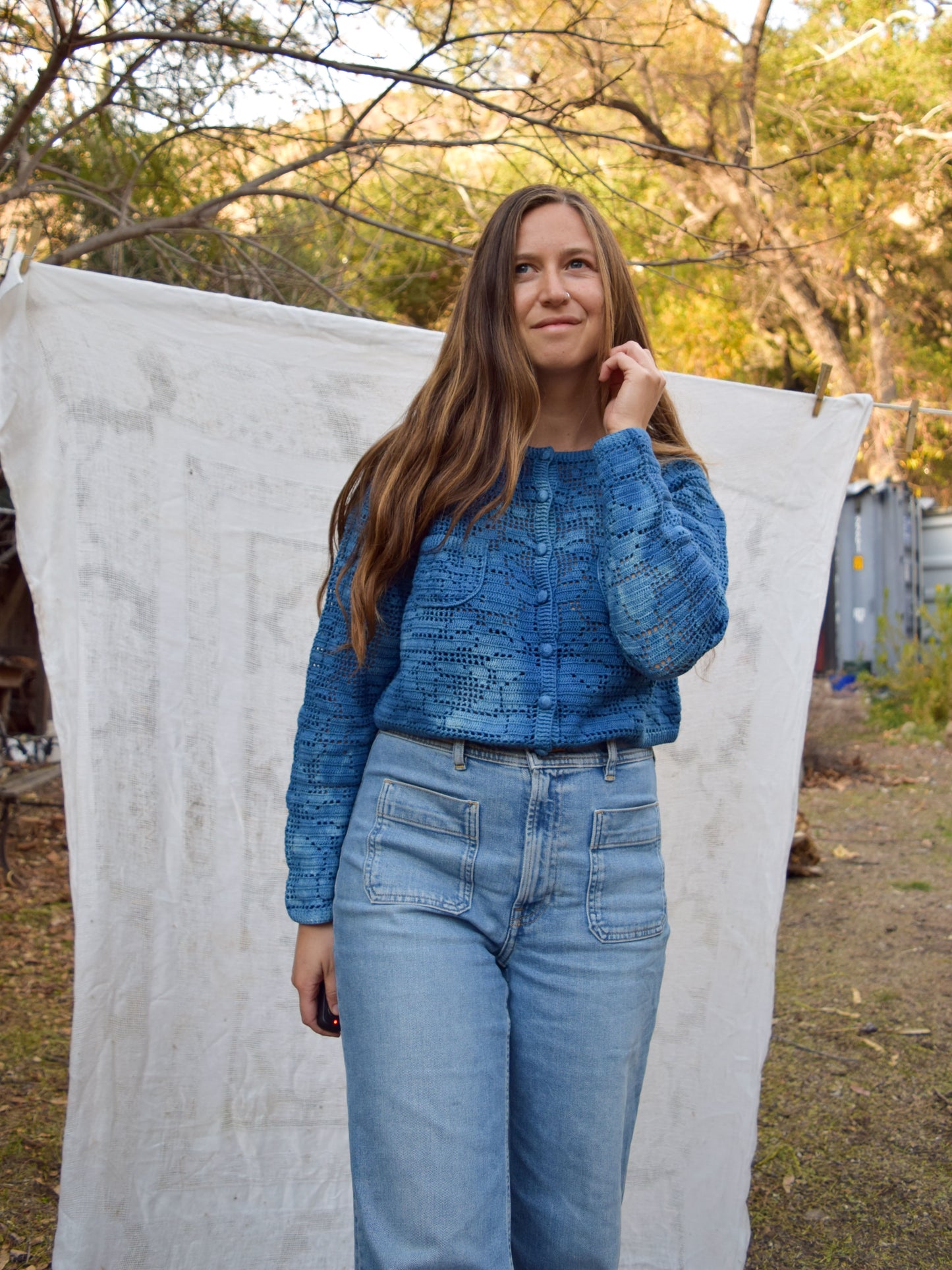 Indigo Crochet Long Sleeve Sweater