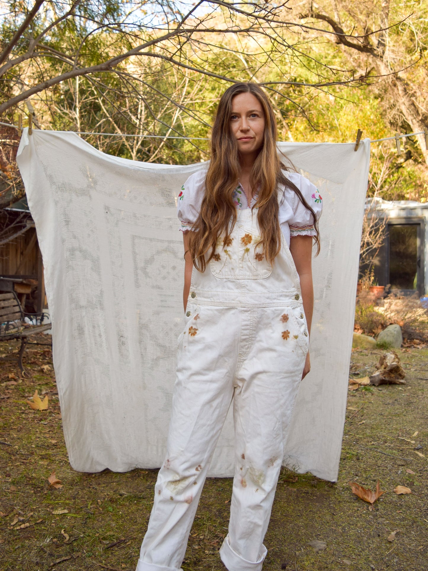 Eco-printed White Denim Overalls