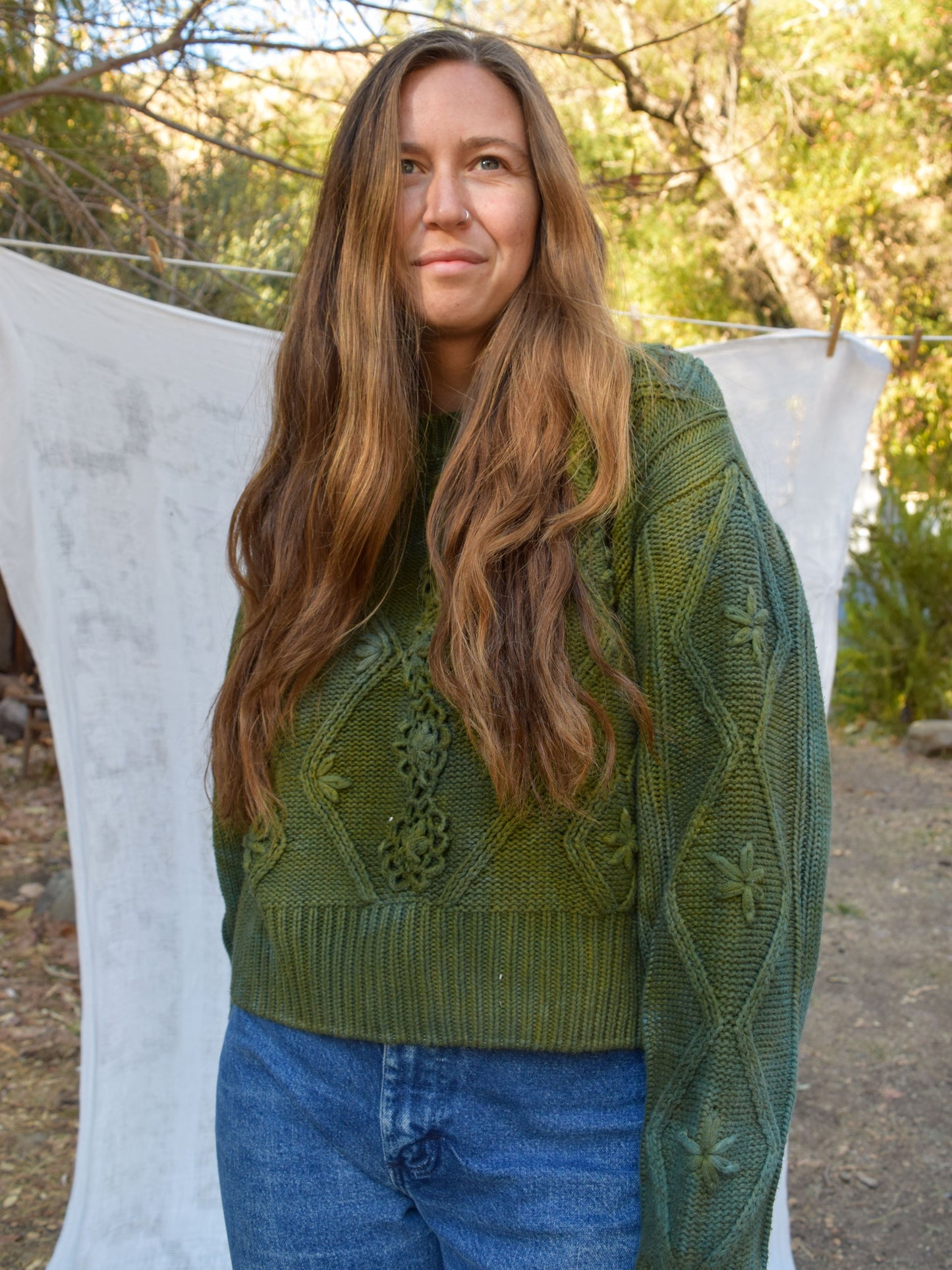 Indigo & Pomegranate Flower Cable Knit Sweater