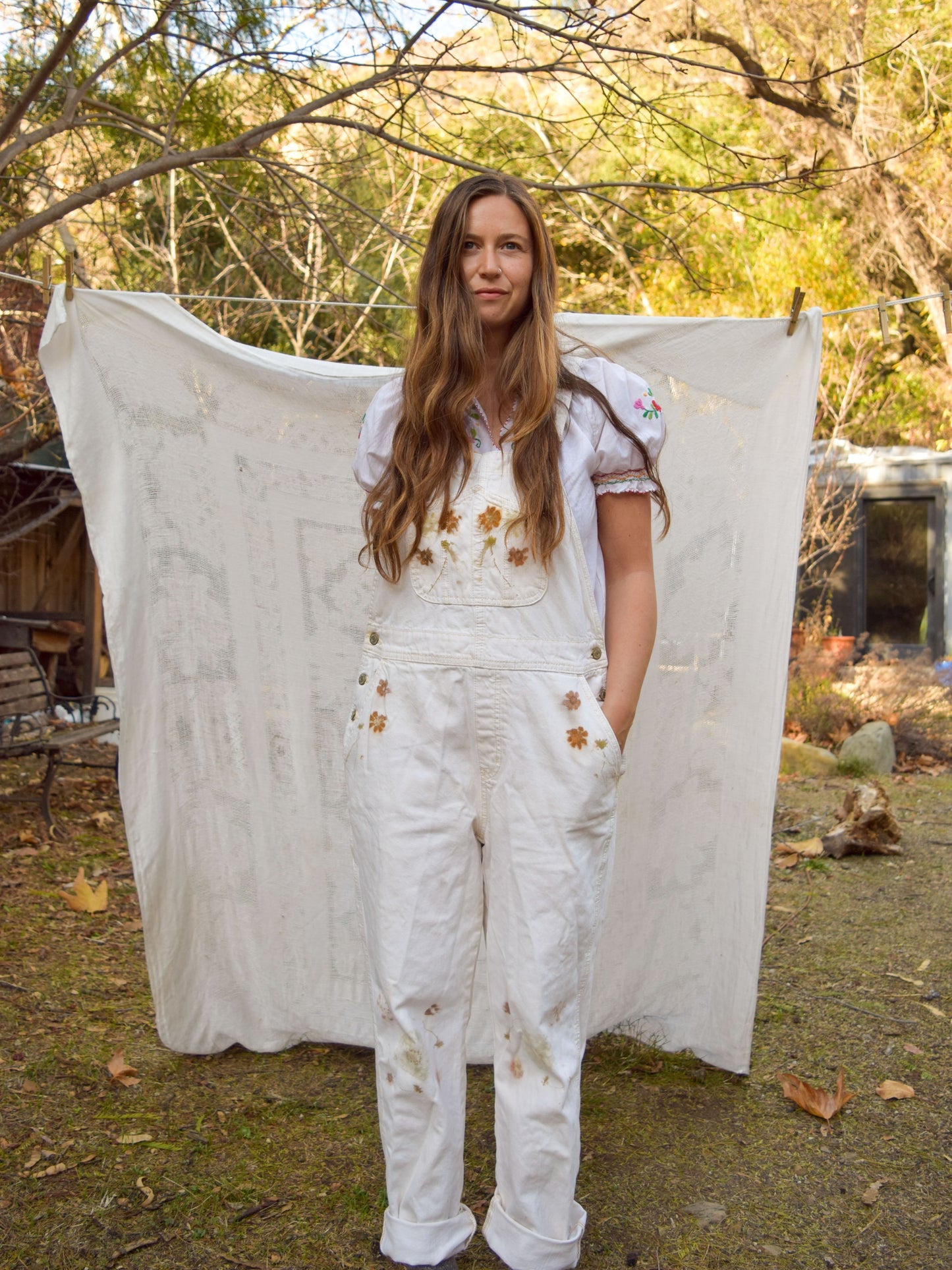 Eco-printed White Denim Overalls