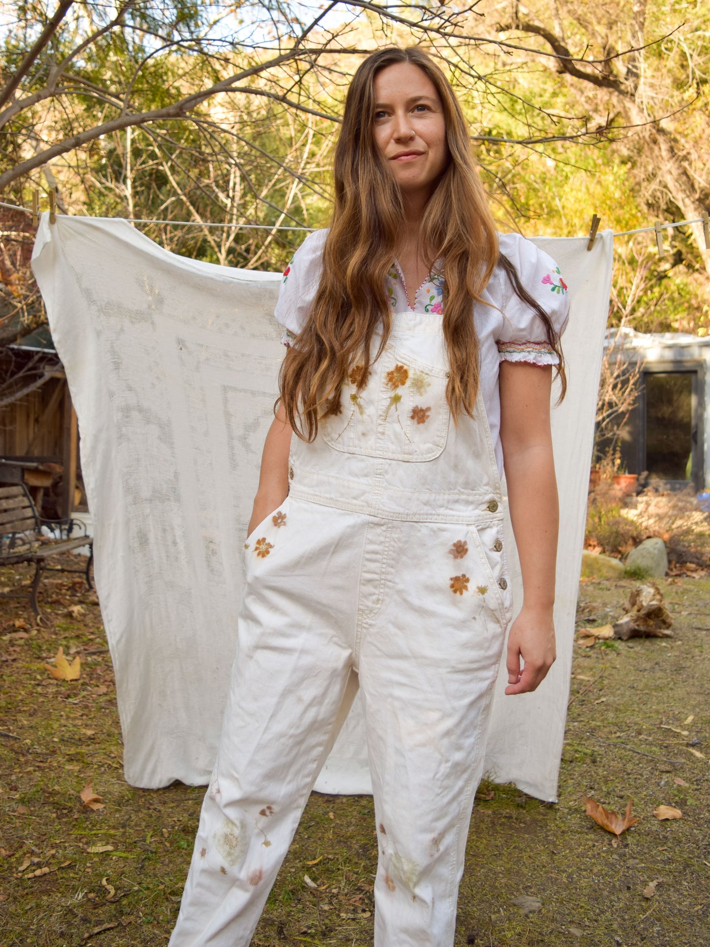 Eco-printed White Denim Overalls