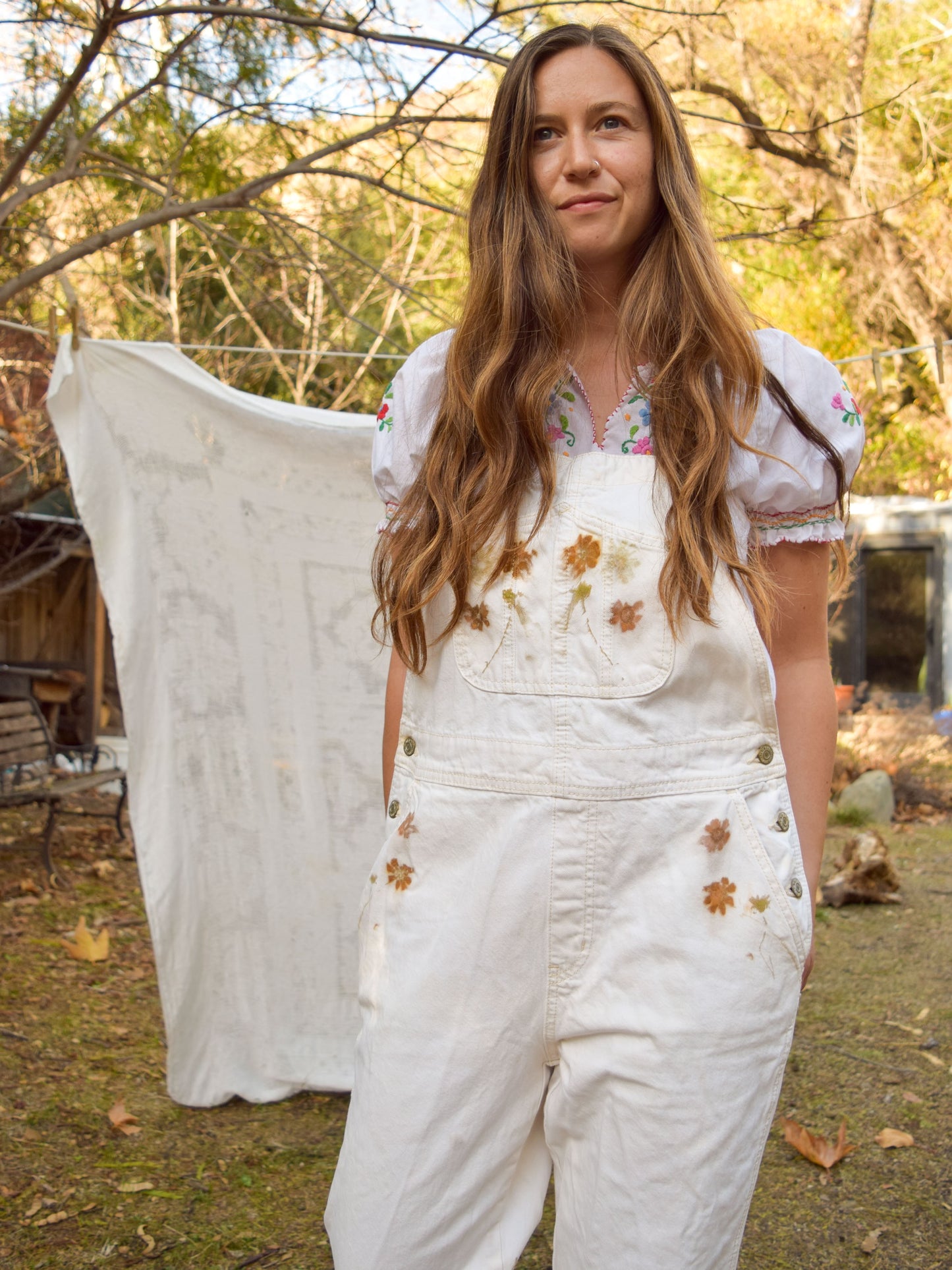 Eco-printed White Denim Overalls