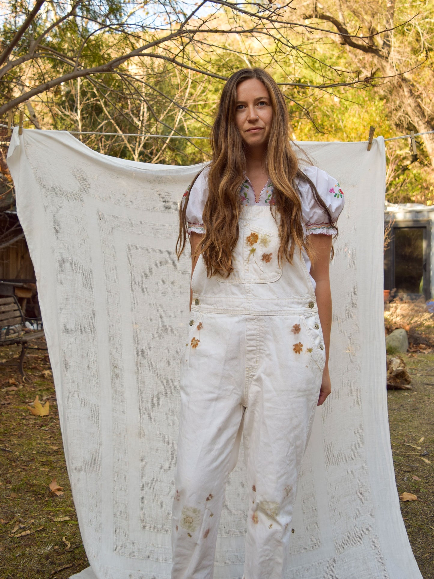 Eco-printed White Denim Overalls