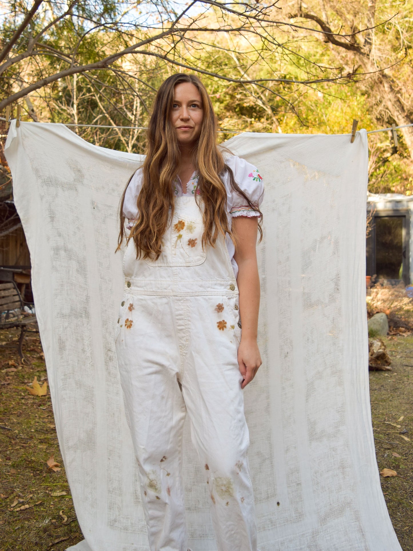 Eco-printed White Denim Overalls