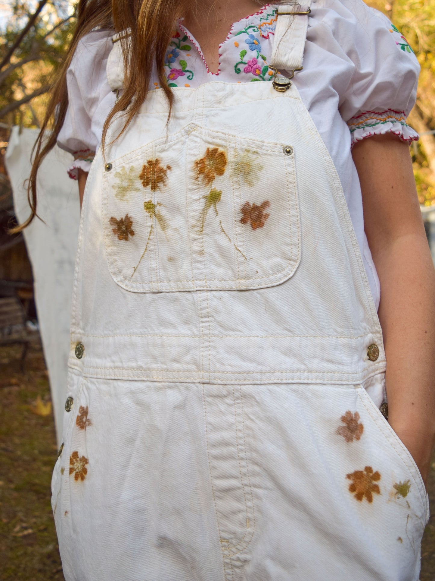 Eco-printed White Denim Overalls