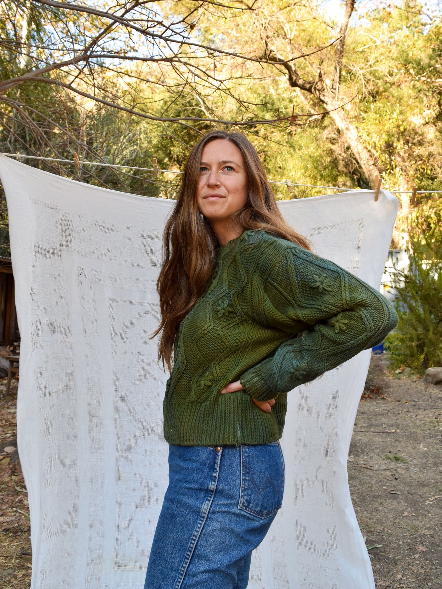 Indigo & Pomegranate Flower Cable Knit Sweater