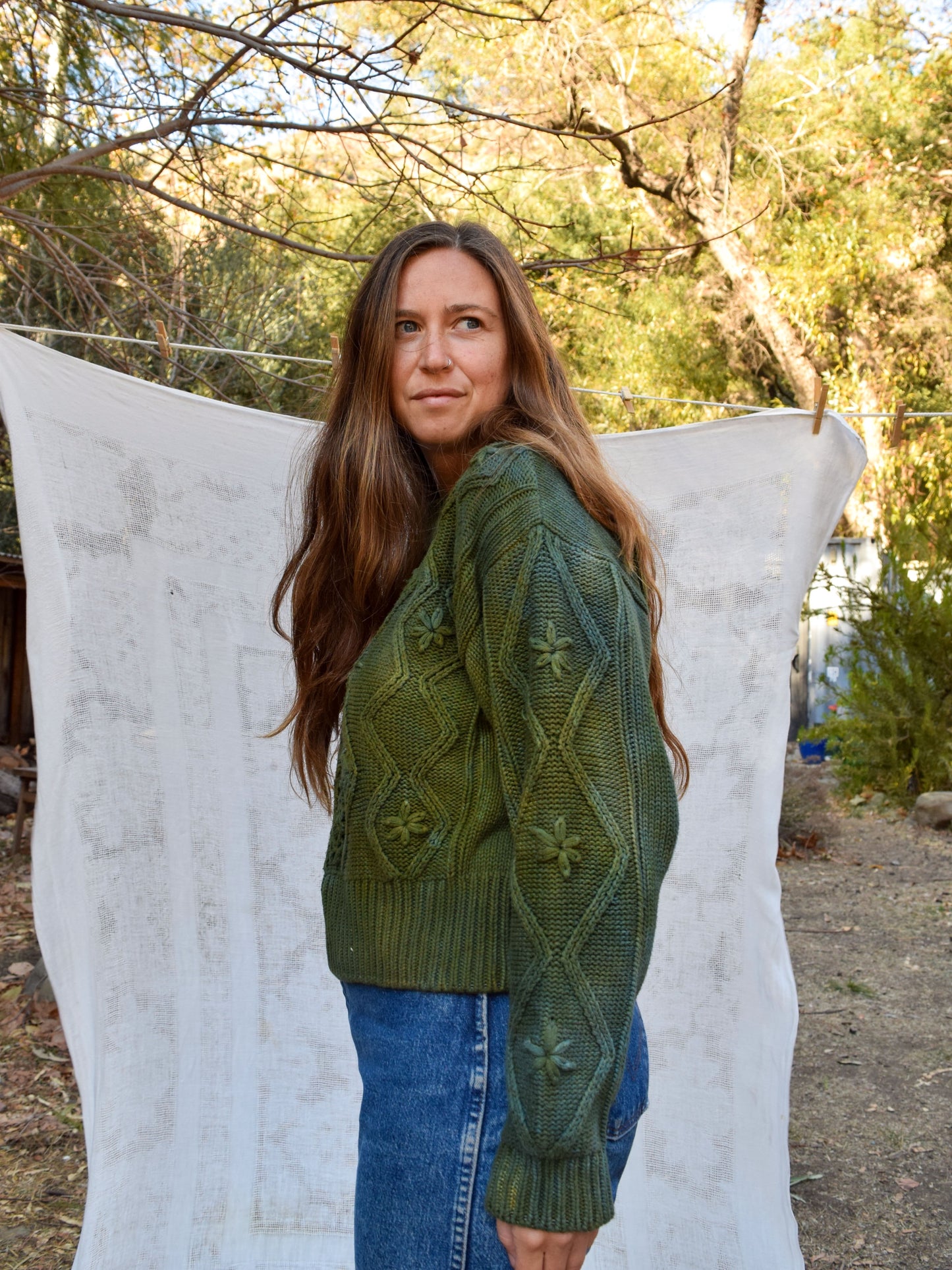 Indigo & Pomegranate Flower Cable Knit Sweater