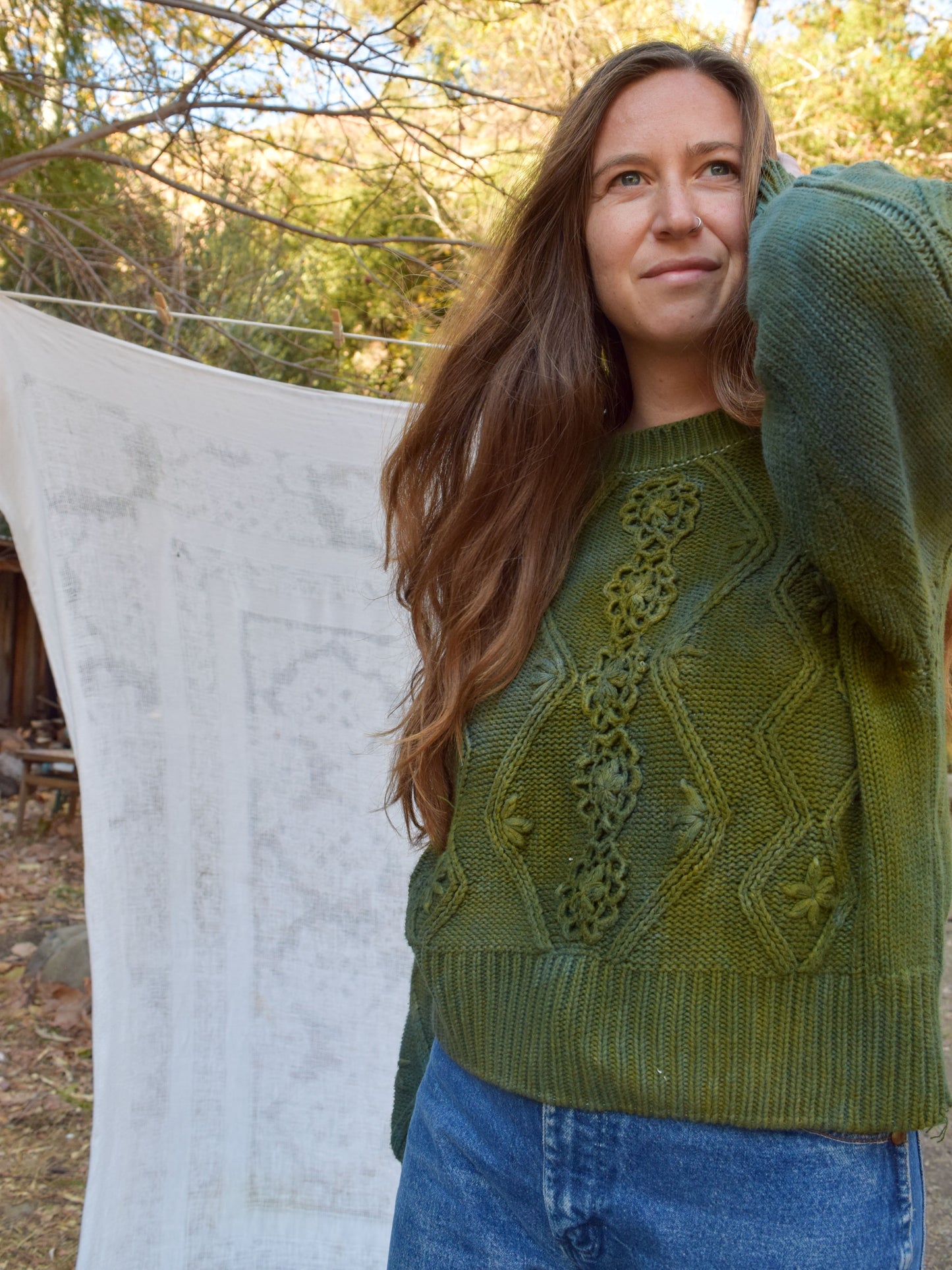 Indigo & Pomegranate Flower Cable Knit Sweater