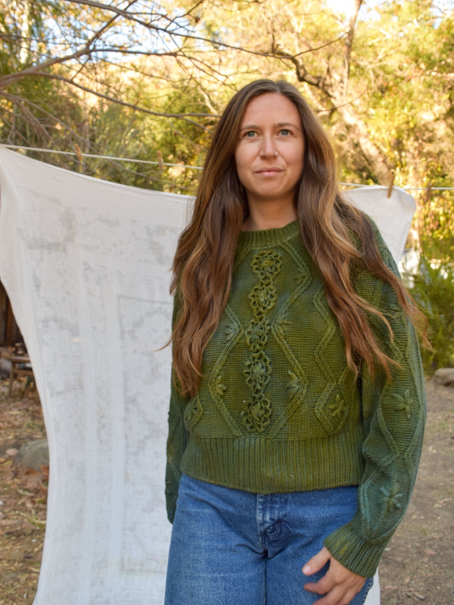 Indigo & Pomegranate Flower Cable Knit Sweater