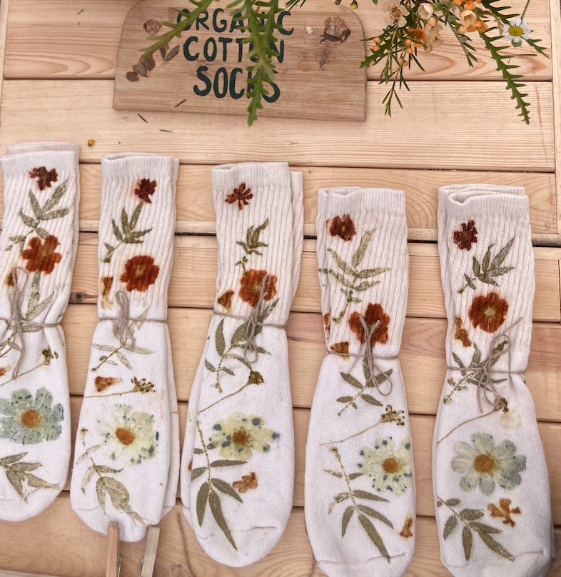 Flower Pressed Crew Socks- Natural Garden