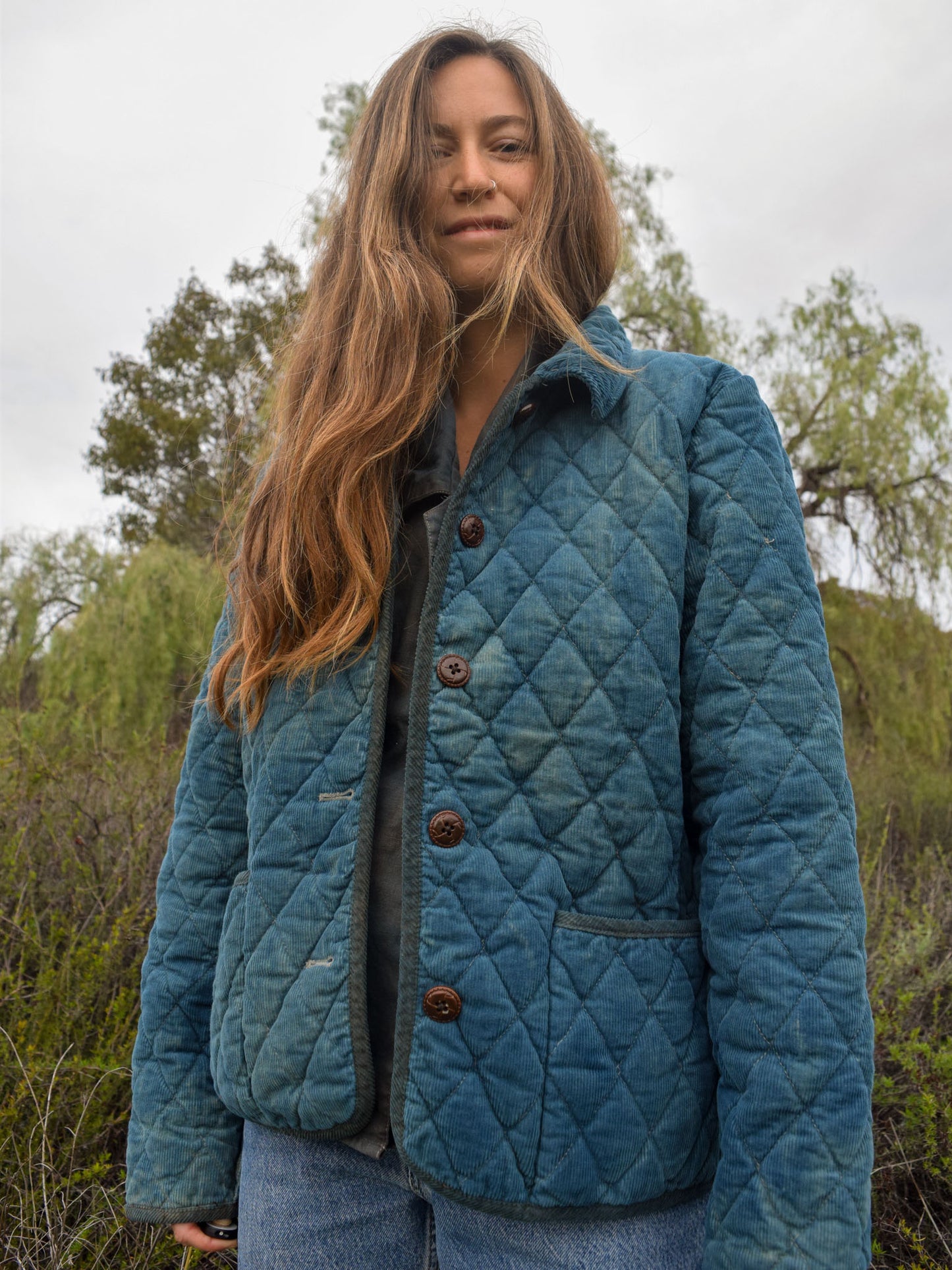 Indigo Quilted Jacket With Plaid Lining