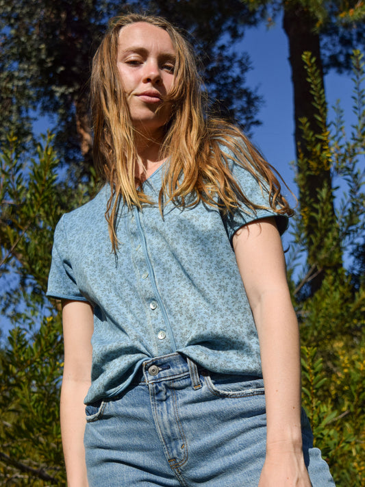 Indigo Floral Knit Button-up Tee