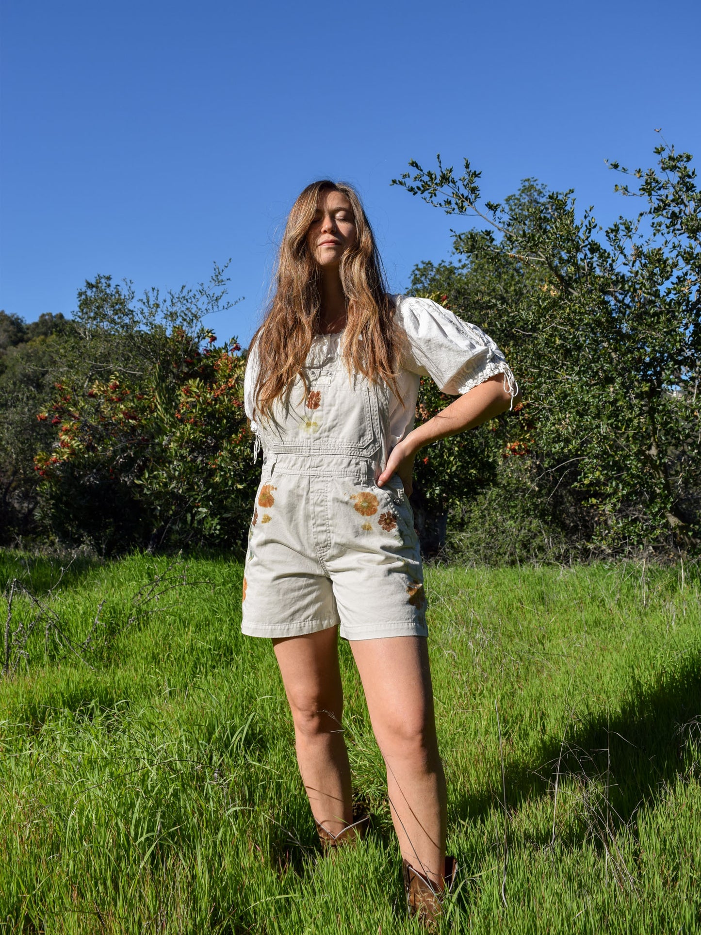 Flower Pressed White Short Overalls