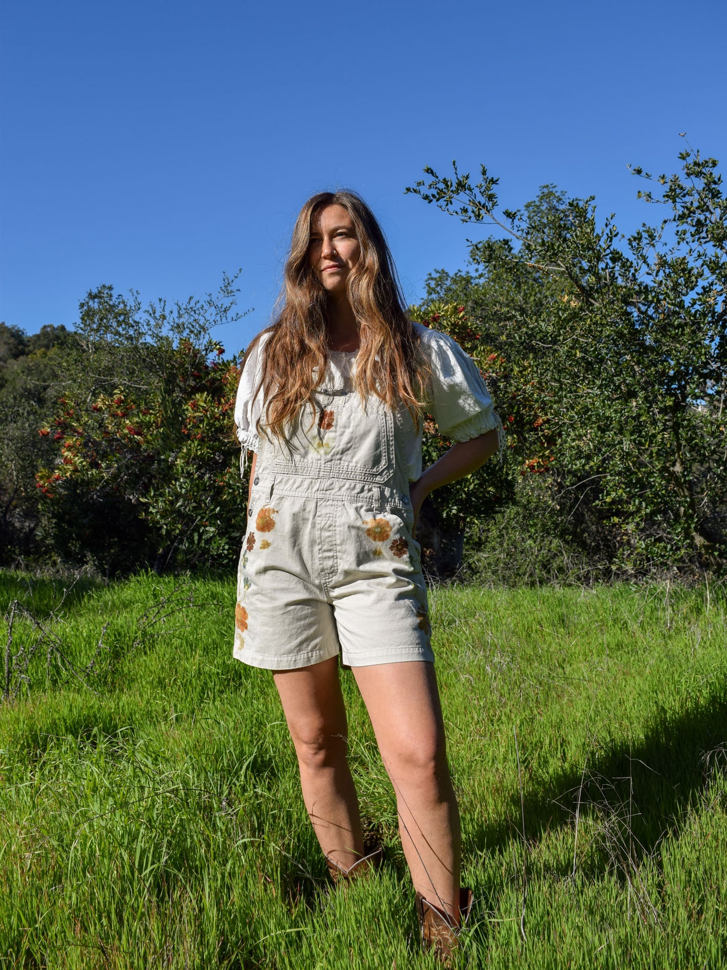 Flower Pressed White Short Overalls