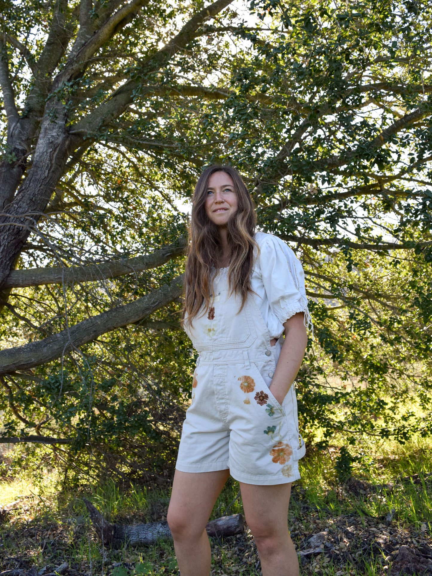 Flower Pressed White Short Overalls