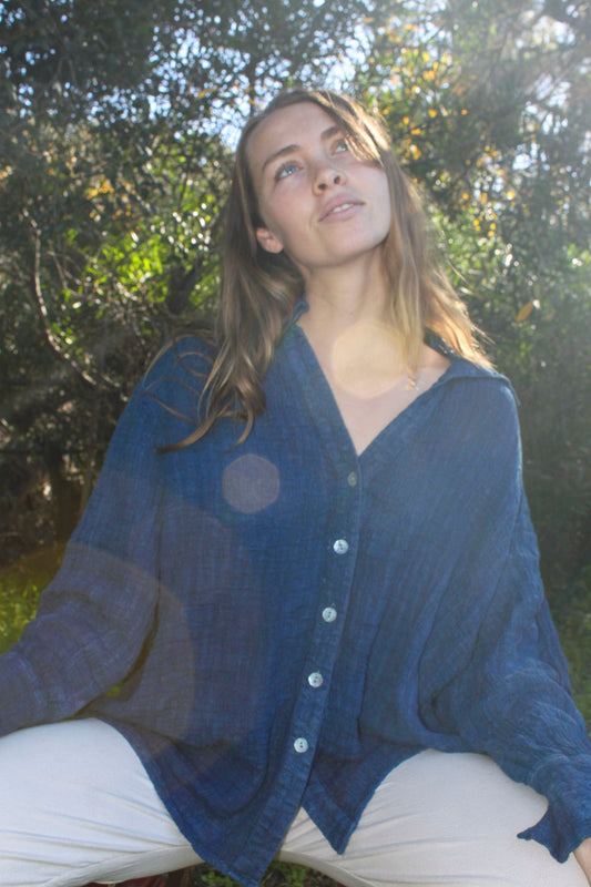 Indigo Gauze Long Sleeve Blouse