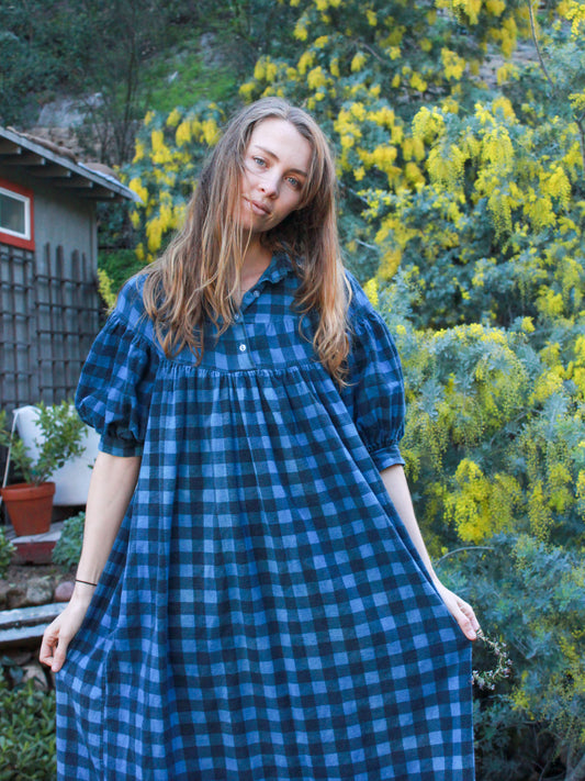 Indigo Gingham Flannel Dress