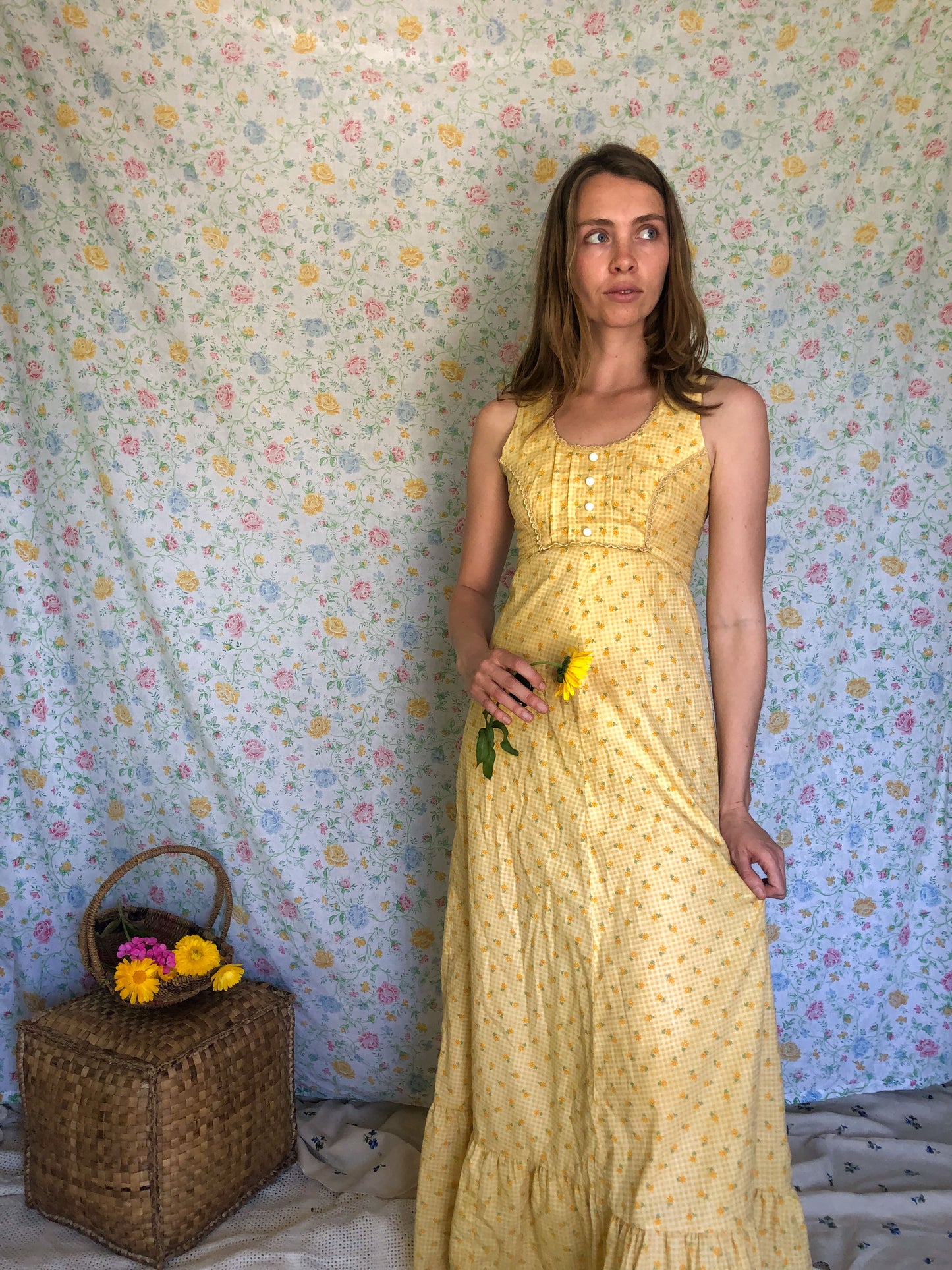 Marigold Floral Gingham Maxi Dress