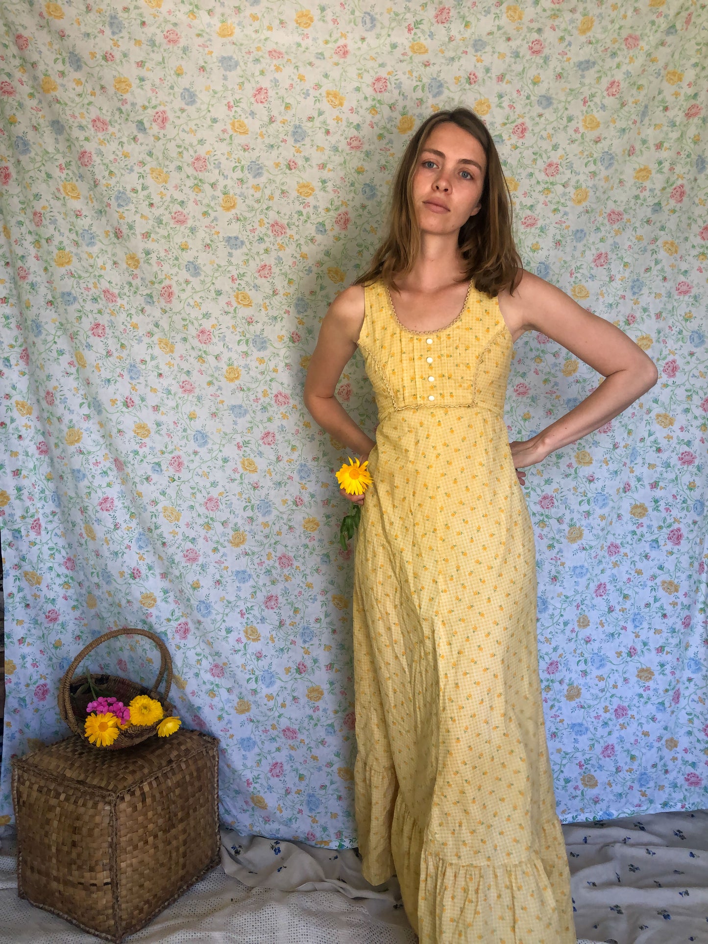 Marigold Floral Gingham Maxi Dress