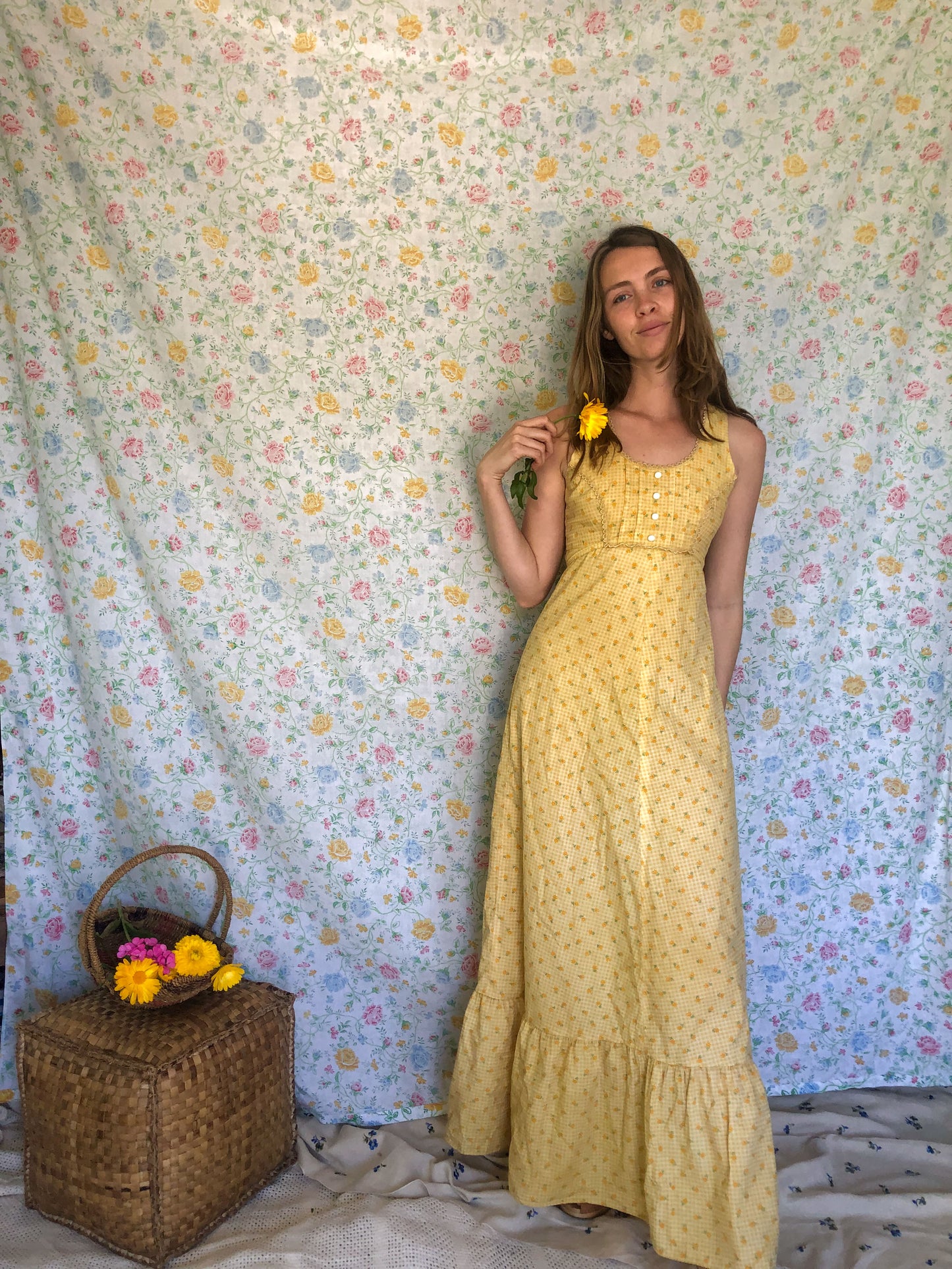 Marigold Floral Gingham Maxi Dress