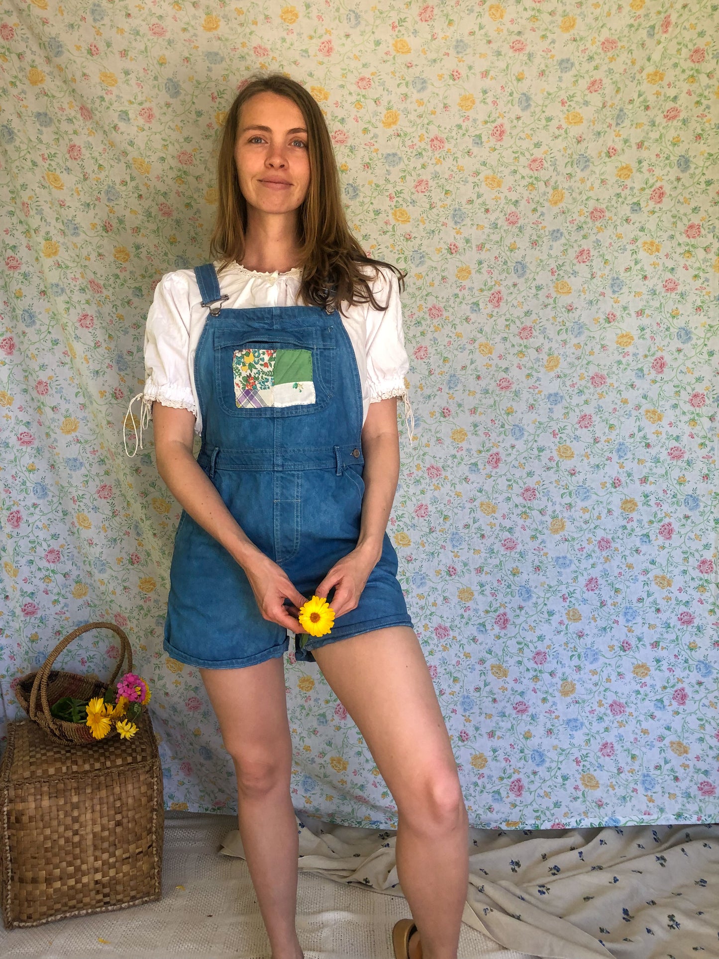 Indigo Patched Short Overalls