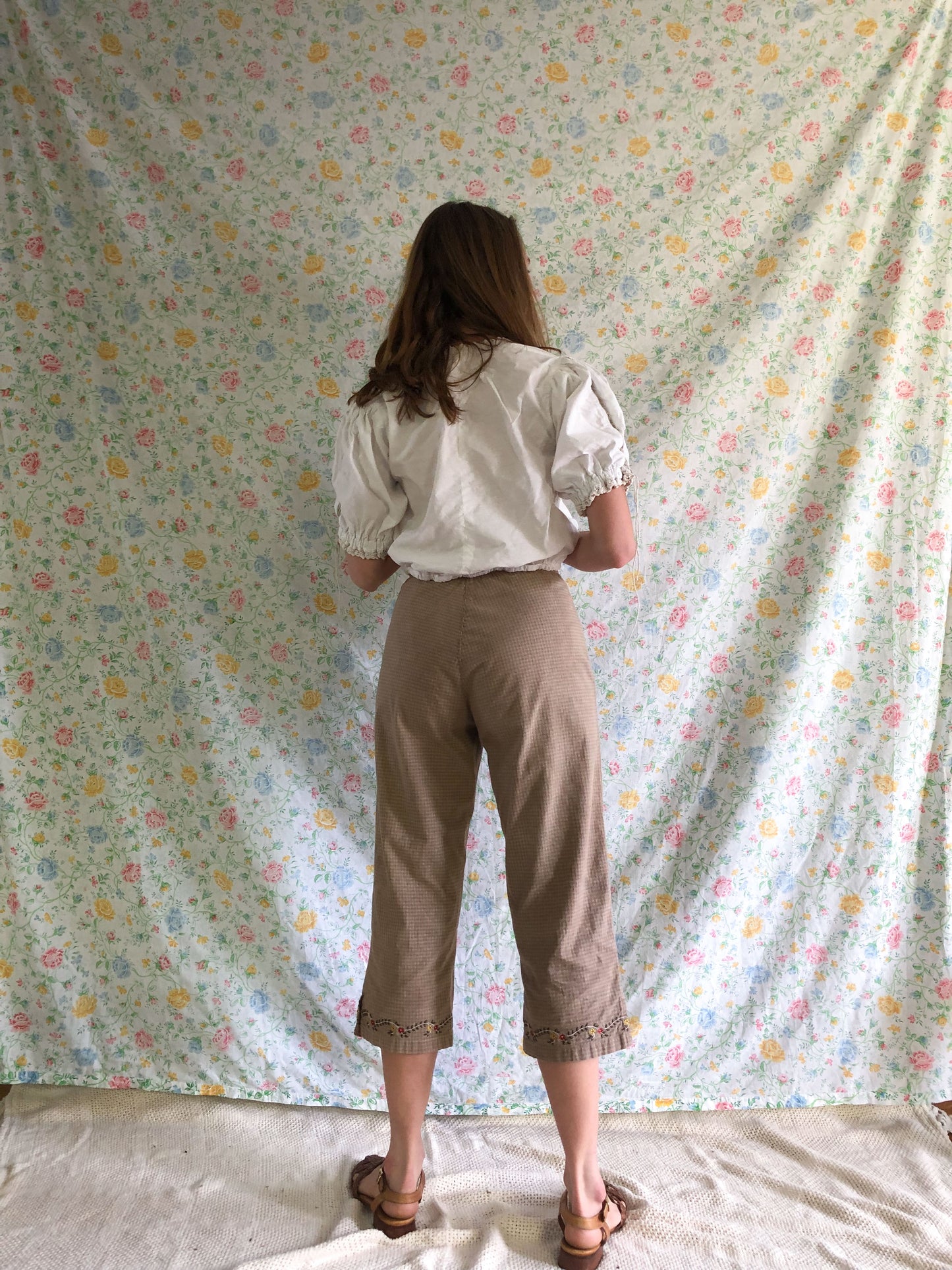 Walnut Gingham Embroidered Capris