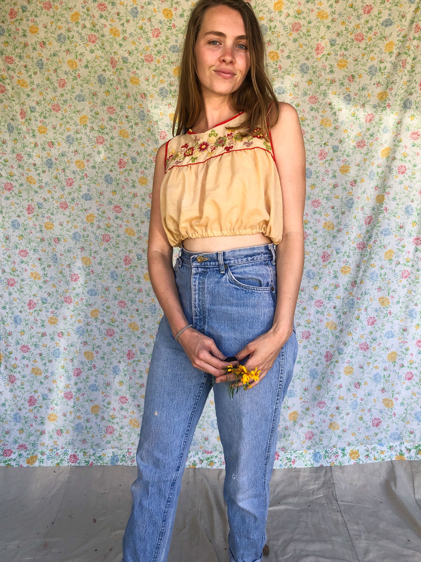 Homegrown Marigold & Coreopsis Embroidered Crop