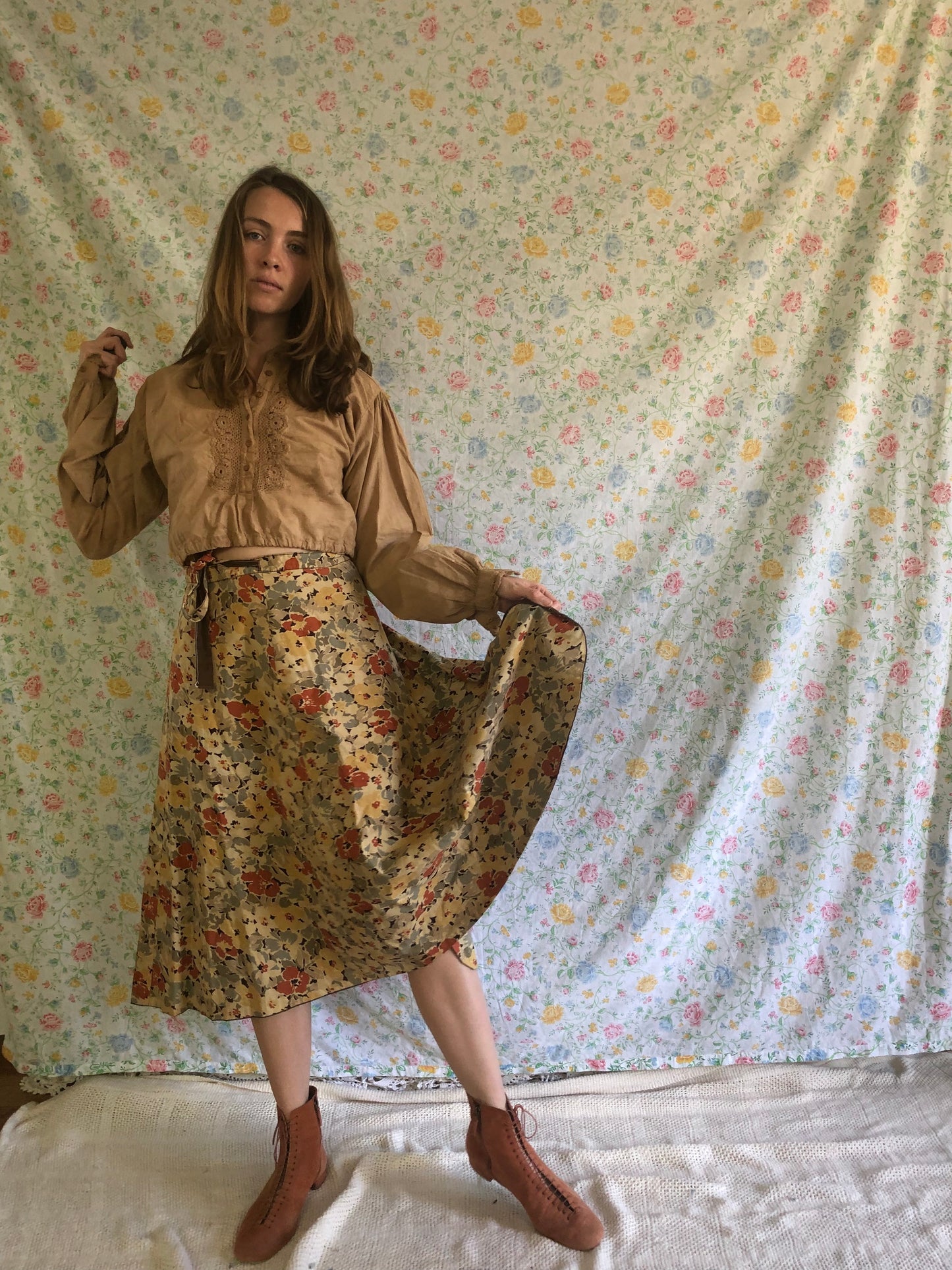 Chestnut Handsewn Floral Wrap Skirt