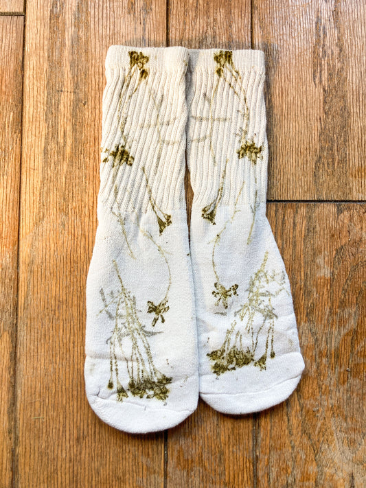 Flower Pressed Crew Socks- Natural Marigold Garden