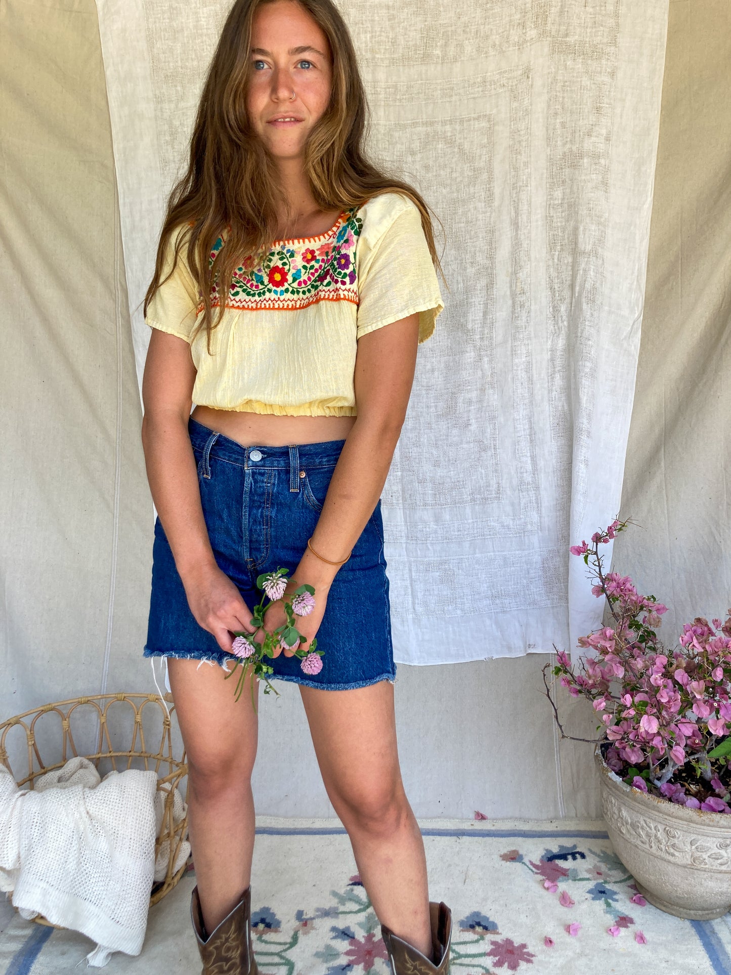 Marigold Daisy Embroidered Cropped Huipil