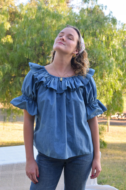 Indigo Ruffle Blouse