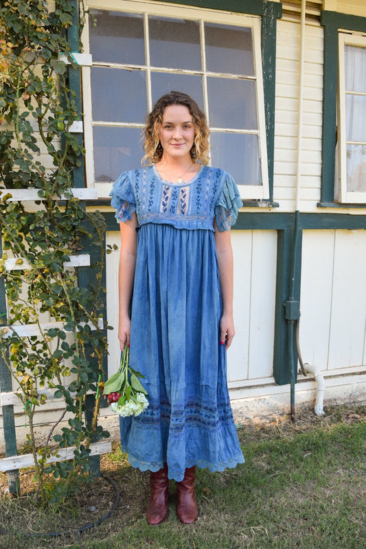 Indigo 70's Embroidered Lace Dress